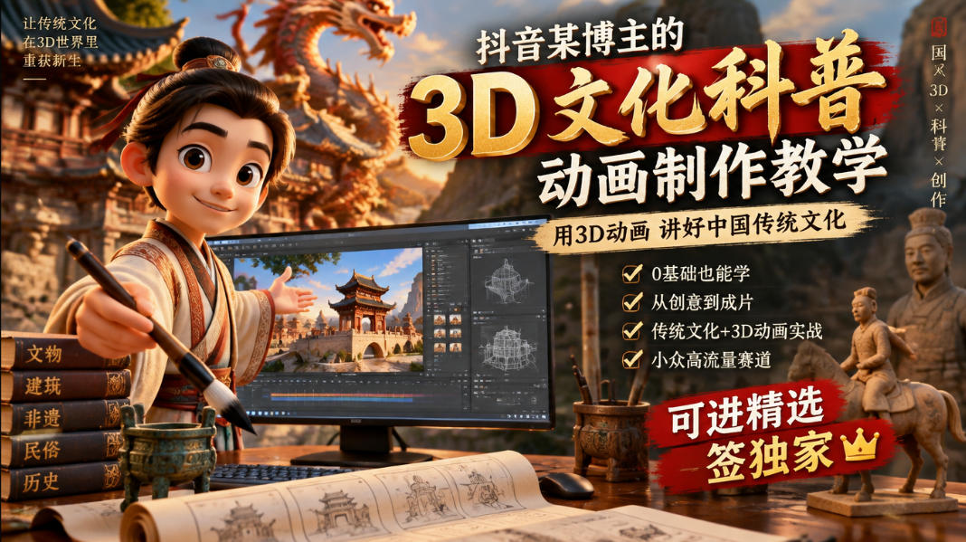 抖音某博主的3D文化科普动画制作教学,用3D动画呈现中国传统文化,可进精选签独家,单日收益1k+-宇文网创