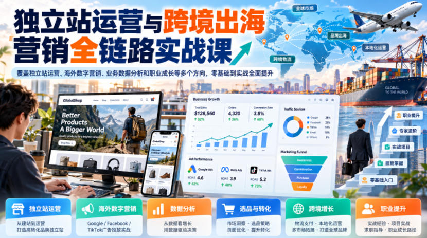 独立站运营与跨境出海营销全链路实战课,覆盖独立站运营、海外数字营销、业务数据分析和职业成长等多个方向,零基础到实战全面提升-宇文网创