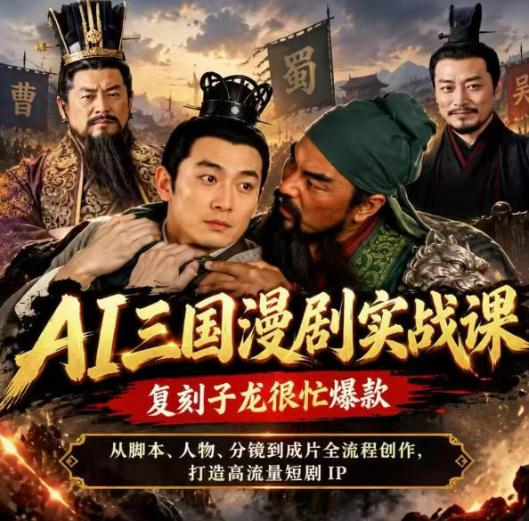 抖音14W粉博主同款AI三国漫剧实战课，复刻子龙很忙爆款，从脚本、人物、分镜到成片全流程创作，打造高流量短剧IP-宇文网创