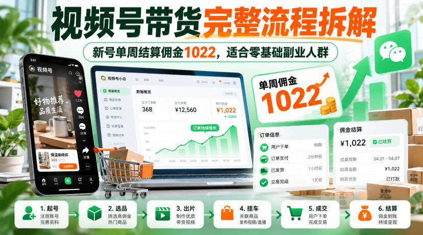 视频号带货完整流程拆解，新号单周结算佣金1022，适合零基础副业人群-宇文网创
