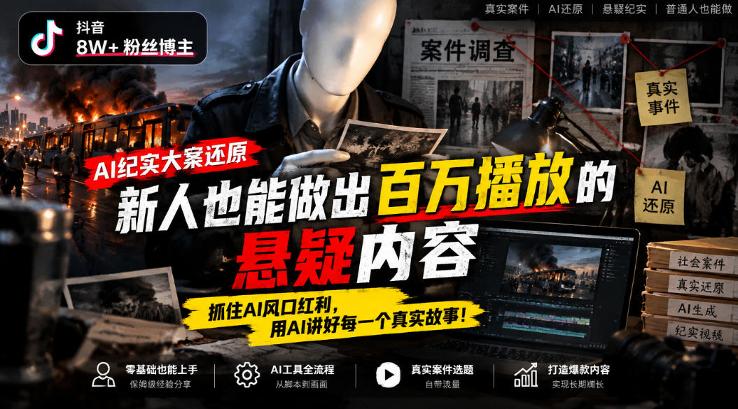 抖音8W粉丝博主的AI纪实大案还原教学，新人也能做出百W播放的悬疑内容，抓住AI风口红利，用AI讲好每一个真实故事-宇文网创