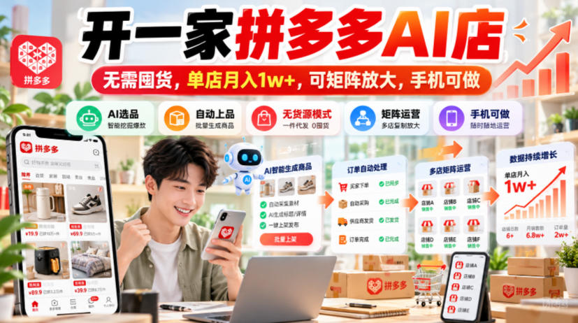开一家拼多多AI店，无需囤货，单店月入1w+，可矩阵放大，手机可做【揭秘】-宇文网创