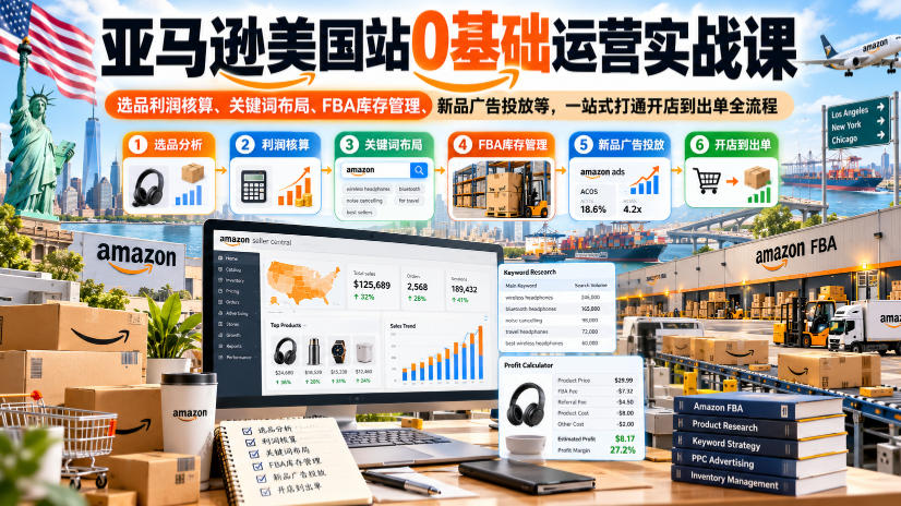 亚马逊美国站0基础运营实战课|选品利润核算、关键词布局、FBA库存管理、新品广告投放等,一站式打通开店到出单全流程-宇文网创