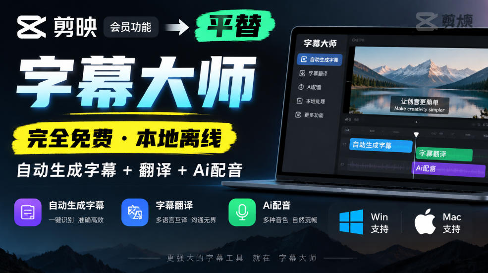 剪映会员功能平替,字幕大师完全免费本地离线,支持自动生成字幕+翻译+Ai配音,Win和Mac都支持!-宇文网创