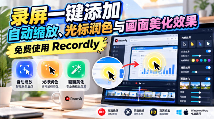 录屏一键添加自动缩放、光标润色与画面美化效果，免费使用Recordly-宇文网创