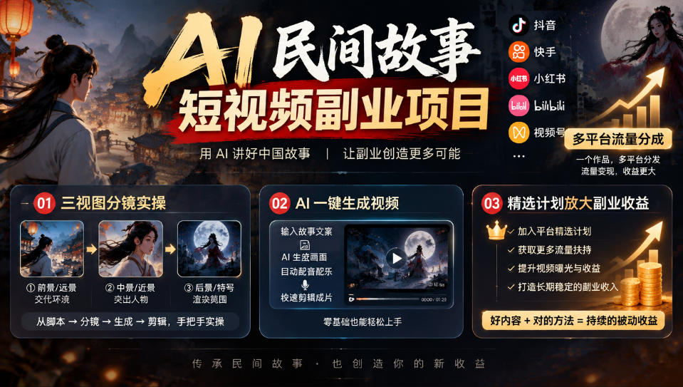 AI民间故事短视频副业项目,多平台流量分成,三视图分镜实操,精选计划放大副业收益-宇文网创