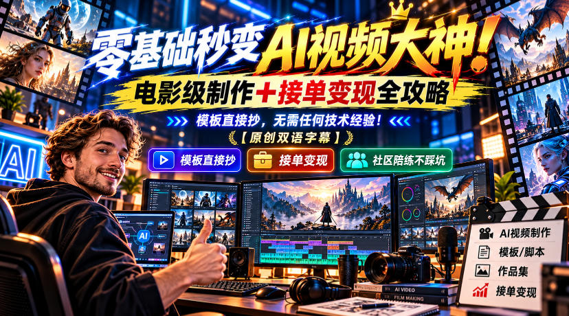 零基础秒变AI视频大神!电影级制作+接单变现全攻略,模板直接抄,无需任何技术经验!【原创双语字幕】-宇文网创