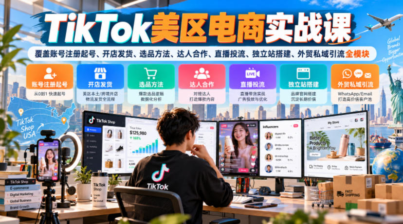 TikTok美区电商实战课,覆盖账号注册起号、开店发货、选品方法、达人合作、直播投流、独立站搭建、外贸私域引流全模块-宇文网创