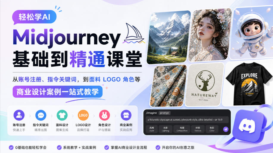 轻松学AI Midjourney基础到精通课堂，从账号注册、指令关键词，到面料LOGO角色等商业设计案例一站式教学-宇文网创