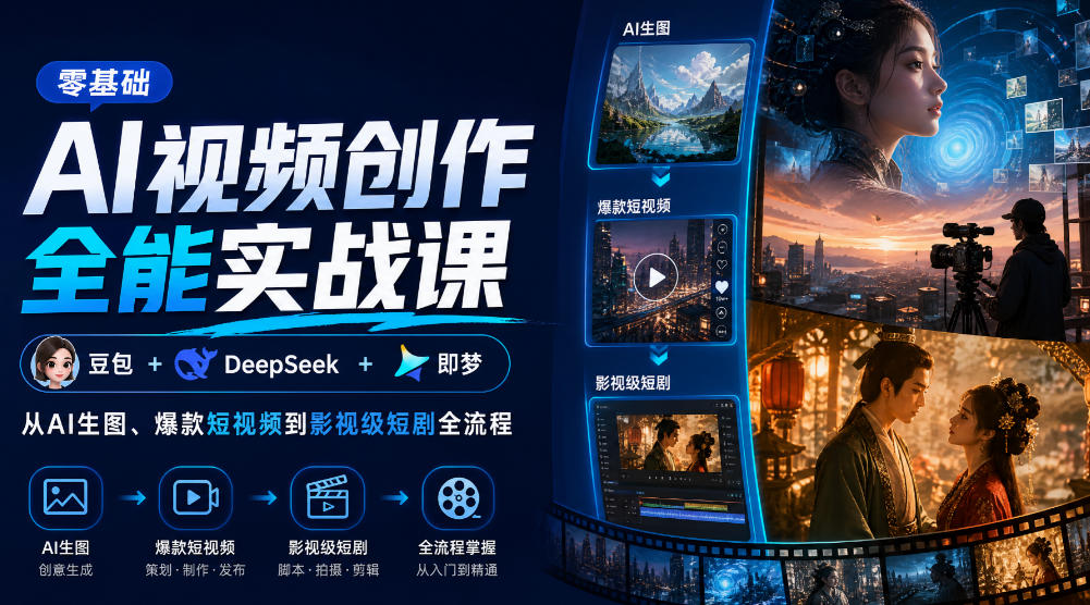零基础AI视频创作全能实战课｜豆包+DeepSeek+即梦，从AI生图、爆款短视频到影视级短剧全流程-宇文网创