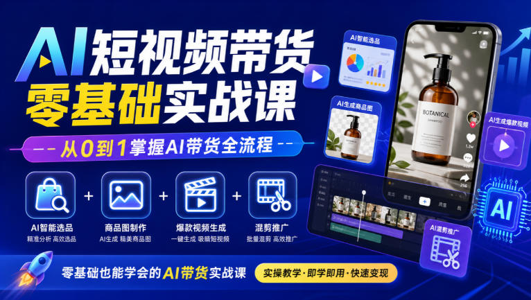 AI短视频带货零基础实战课|AI智能选品+商品图制作+爆款视频生成+混剪推广,从0到1掌握AI带货全流程-宇文网创