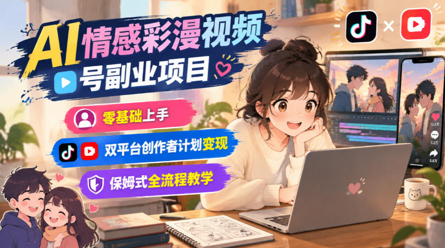 AI情感彩漫视频号副业项目,零基础上手,双平台创作者计划变现,保姆式全流程教学-宇文网创