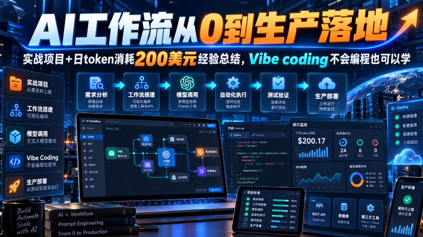 AI工作流从0到生产落地,实战项目+日token消耗200美刀经验总结,Vibe coding不会编程也可以学-宇文网创