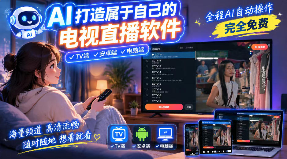 一个提示词,AI全自动做出电视直播软件,电脑、安卓、电视三端通用,完全免费,画质流畅不卡顿-宇文网创